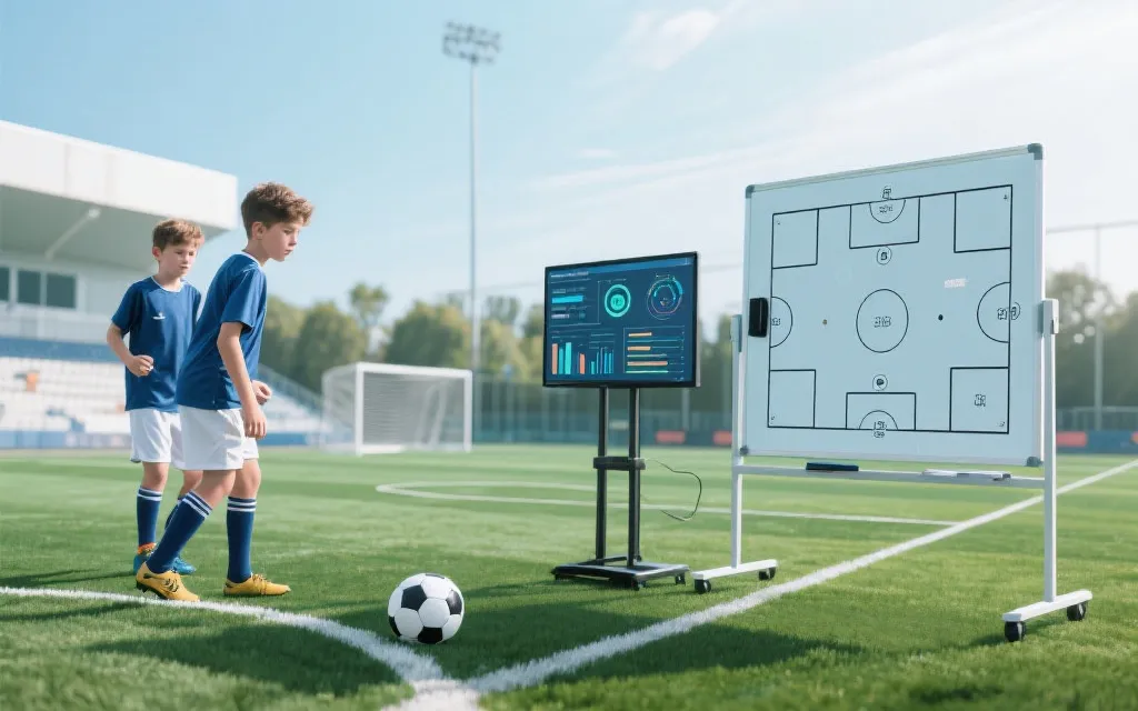 足球训练场上年轻球员训练与数据分析屏幕的结合画面
